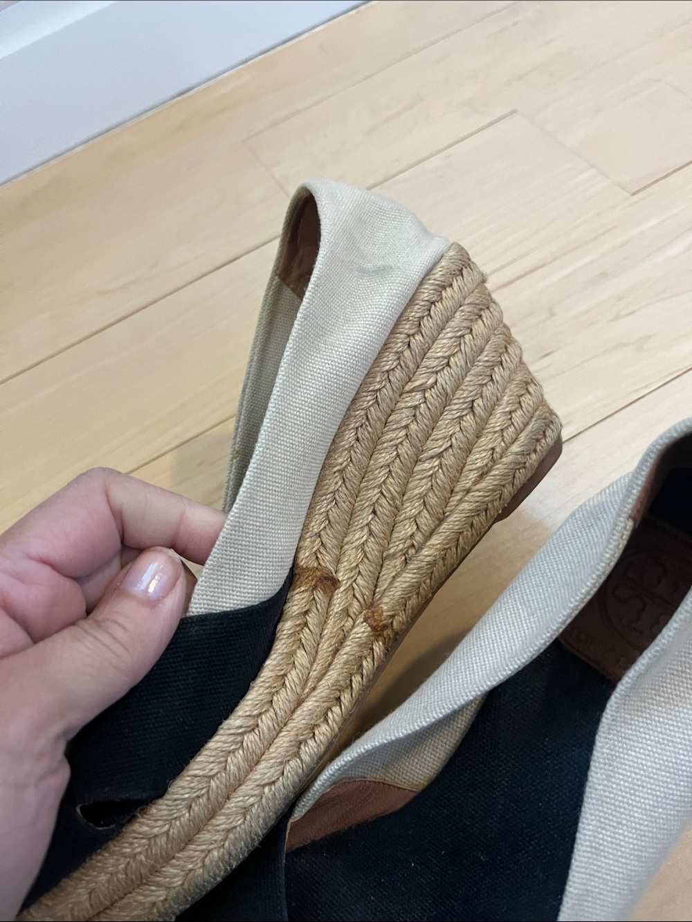 Tory Burch Black and Cream Espadrille Wedge Peep-Toe Heels - Picture 8 of 8